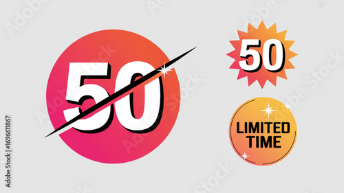 Illustration of a fifty percent discount with a limited time offer on a light gray background