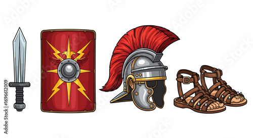 Roman Legionary Equipment: Sword, Shield, Helmet, and Sandals Isolated on White