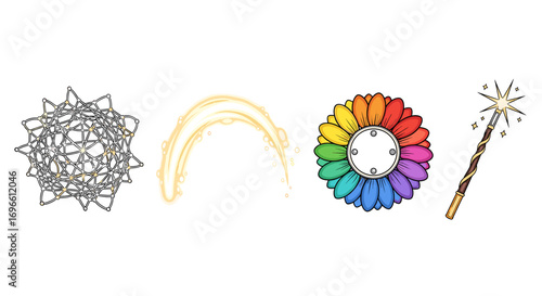 Fantasy Icon Set Featuring Magic, Colors, and Energy on White