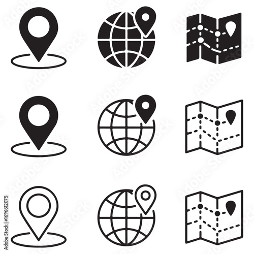 Location and Navigation Icons Set with Map Pins Globe and Folded Maps Keywords: location, map, pin, marker, navigation, travel, destination, globe, world, earth, geography, route, direction
