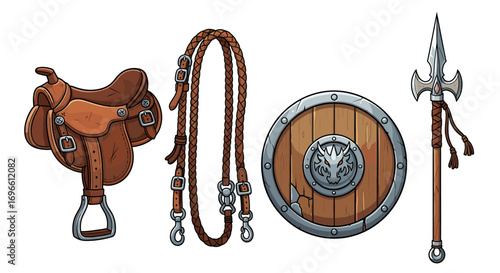 Cartoon illustration of medieval weapon set and horse equipment