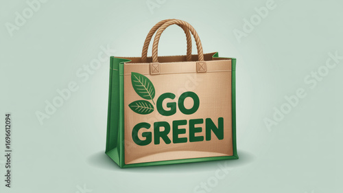 A reusable shopping bag with the words go green and a leaf design on a light background is displayed