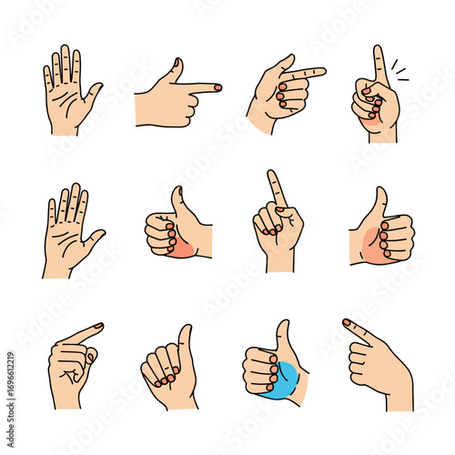 Collection of illustrated human hand gestures signaling different actions and communications