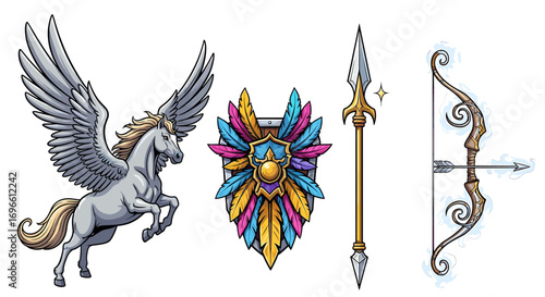 Mythical creature and ancient weaponry set for fantasy games or art