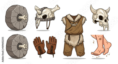 Cartoon Caveman Gear Collection Isolated on White Background