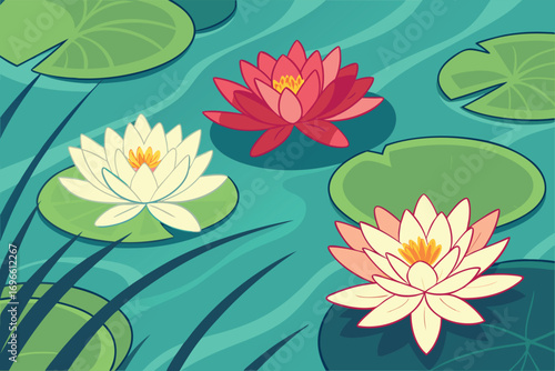 White, pink, and red water lilies float serenely on a pond amidst vibrant green lily pads