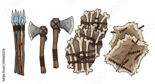Primitive Survival Tools: Spears, Axes, Bones, and Hide on White Background