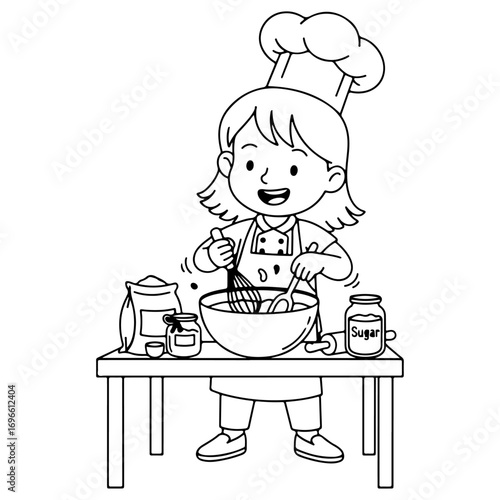 Little Chef: A smiling girl cooking - a vector illustration perfect for children's cooking classes, educational apps, or food-themed cartoons.