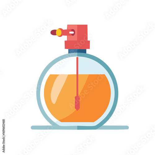 Elegant Round Perfume Bottle with Orange Liquid and Red Spray Nozzle Illustration