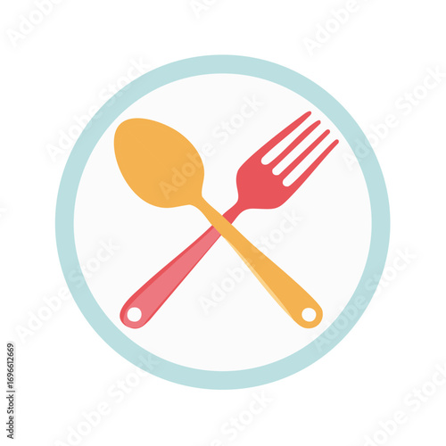 Graphic Fork and Spoon Icon with Crossed Design inside Blue Circle Shape