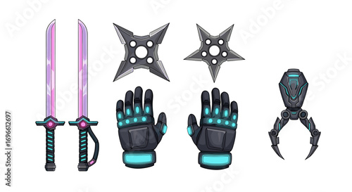 Futuristic Weaponry Set Displaying Swords, Stars, Gloves, and Claw