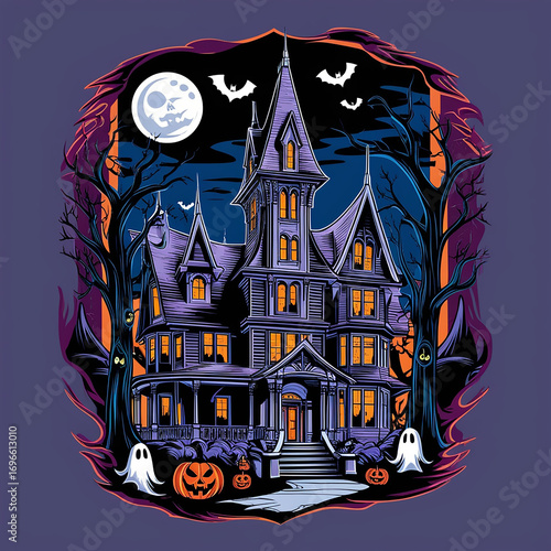 Spooky Haunted House Illustration with Bats and a Full Moon Generative ai.