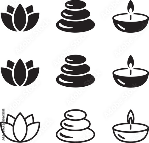 Nine icons depicting spa and wellness elements including lotus flowers stacked stones and candles Keywords: spa, wellness, lotus flower, stacked stones, pebbles, balance, meditation, candle, flame