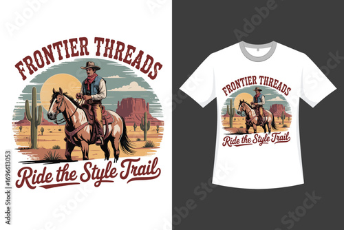 Frontier Threads Ride The Style Trail A Western illustration T-shirt Design