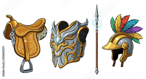 Fantasy Equipment: Saddle, Armor, Spear and Helmet Displayed on White Background