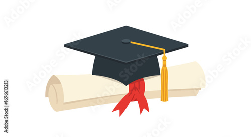 Graduation cap resting on diploma scroll with tassel symbolizing academic achievement and educational success celebrating milestone completion in