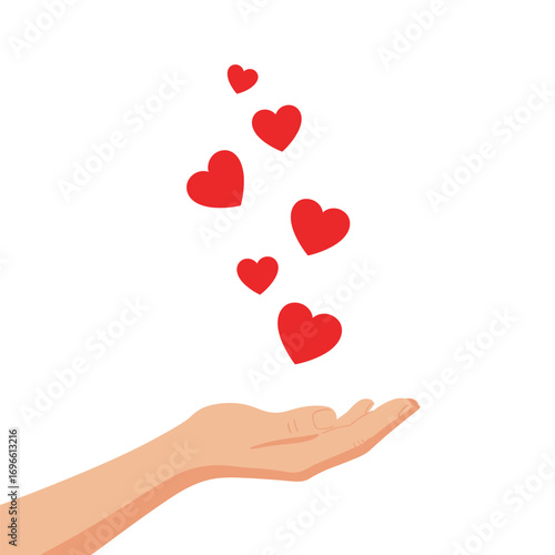 Generous hand releasing flying hearts symbolizing love kindness and generosity in a beautiful and artistic display