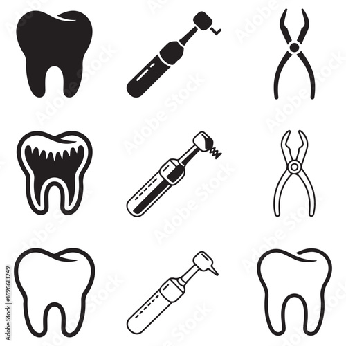 Nine icons related to dentistry including teeth dental drill and forceps in solid and outline styles Keywords: icon set dentistry dental tooth drill forceps pliers medical healthcare symbol graphic