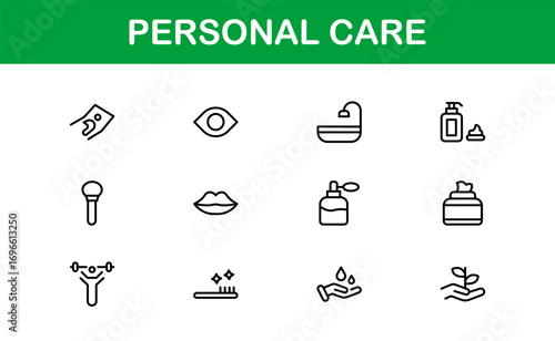 Minimal personal care icons for beauty, grooming, and hygiene. Enhance lifestyle projects, websites, and apps with versatile, premium, and professional graphics.