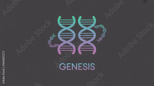 Gradient dna strands with genesis text against a dark gray background in a science themed illustration