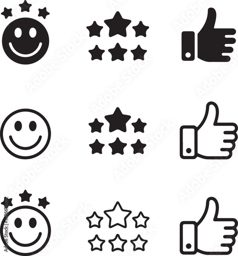 Nine icons representing customer feedback and satisfaction with smiley faces stars and thumbs up Keywords: feedback, satisfaction, rating, review, smiley face, happy face, stars, star rating