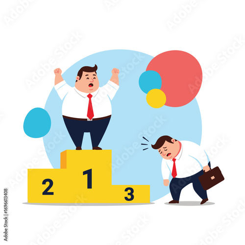 Business competition victory and defeat showing one man on podium celebrating and another looking dejected