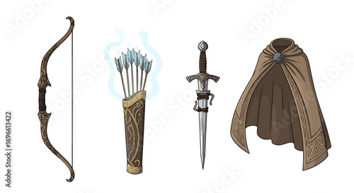 Fantasy Archer's Outfit: Bow, Quiver, Sword, and Cloak on White Background