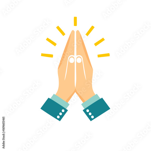 Hands clasped together in prayer gesture with radiating yellow light beams above