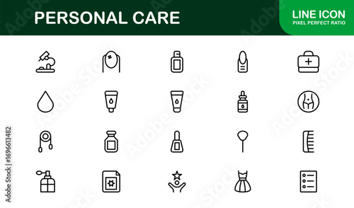 Outline personal care icons for hygiene and grooming essentials. Enhance health, beauty, and wellness branding with clean, modern, and premium visual graphics.