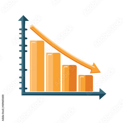 Declining Bar Graph with Arrow Shows Downtrend and Loss in Business