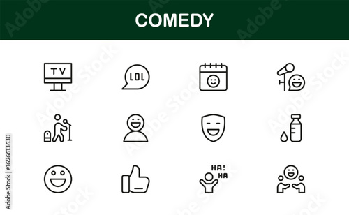 Linear comedy icons for humor, fun, and entertainment design projects. Perfect for apps, websites, and presentations with clean, premium-quality graphics.