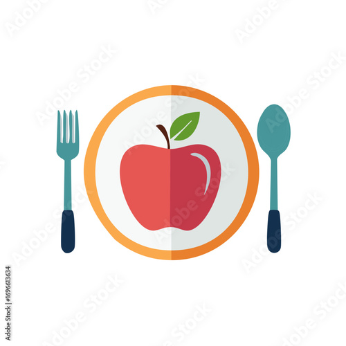 Red Apple on Plate with Fork and Spoon Food Concept Icon Illustration