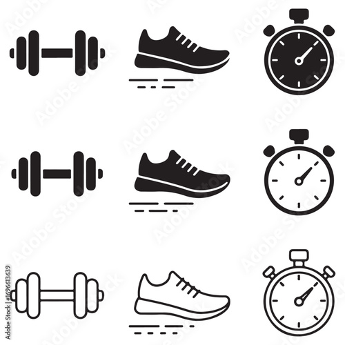 Nine Icons Representing Fitness and Exercise Equipment and Activities Keywords: dumbbell icon, weight icon, exercise icon, fitness icon, gym icon, running shoe icon, sneaker icon, sports shoe icon