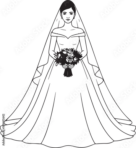 Elegant line art illustration of a beautiful bride in a classic wedding gown holding a floral bouquet.
