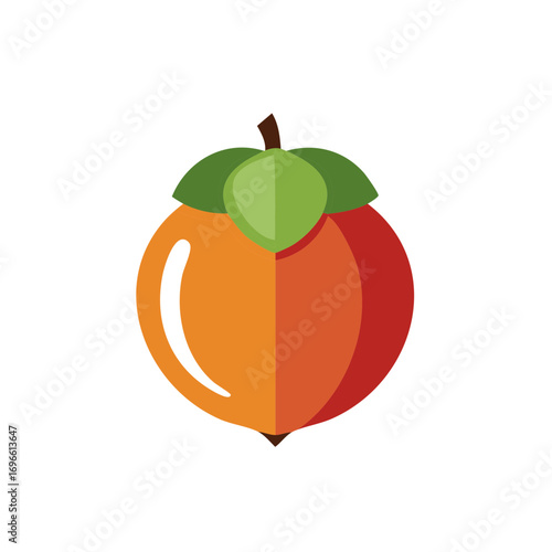 Colorful persimmon fruit with leaves, vector illustration, flat design isolated.