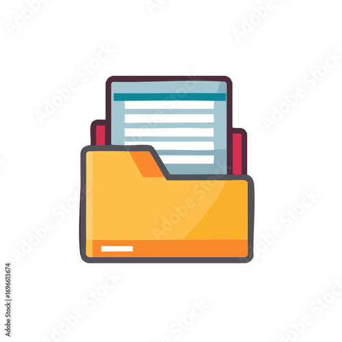 Orange file folder with documents and blue tab sticking out clean illustration