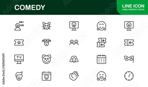 Premium linear comedy icons for humor branding and entertainment projects. Perfect for apps, websites, and presentations with minimal, clean, and professional visuals.