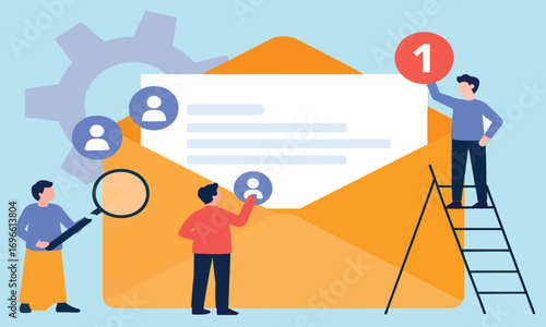 Illustration of people interacting with a large envelope and notification icon