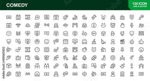 Comedy Humor Entertainment Professional Line Icon Set – Modern Minimal Vector Collection for Fun Creative Projects