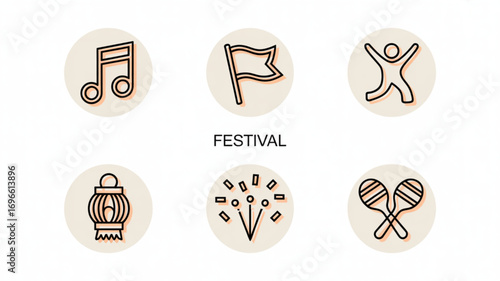 Illustration of festival themed icons including music note flag person lantern fireworks and maracas set