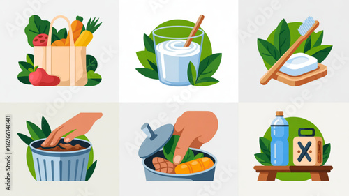 Illustrations depicting sustainable living practices including food waste reduction and eco friendly products