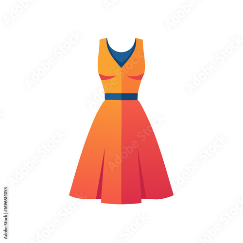 Stylized Summer Dress with Orange and Red Gradient Design and Blue Accents