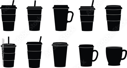 Silhouette of assorted coffee cups and takeaway cups with lids and straws, perfect for coffee shop, beverage, drink, cafe, and to-go designs.