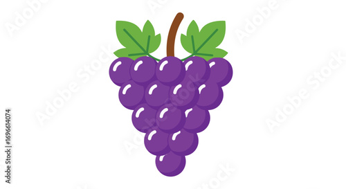 Illustration of a Cluster of Fresh Purple Grapes with Green Leaves and Brown Stem on White Background for Healthy Snack or Fruit Representation