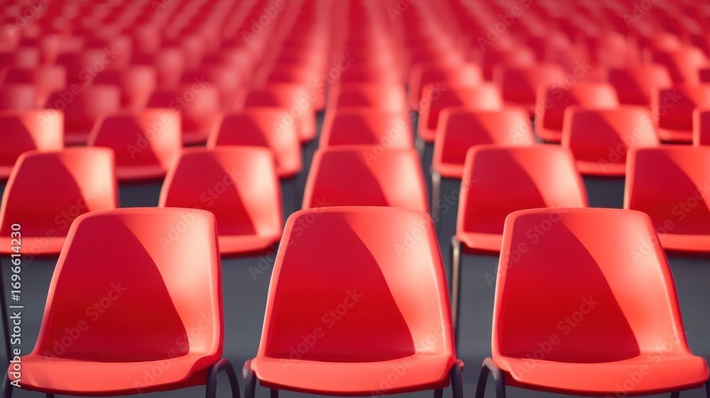 Obraz premium Rows of empty red plastic chairs in sunlight