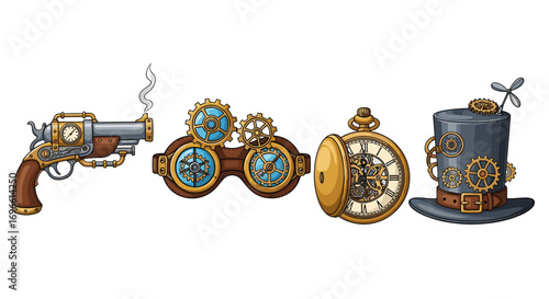 Whimsical steampunk gadgets arrayed against a crisp, clean white background