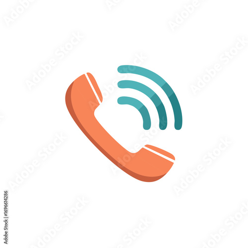 Orange handset telephone icon for communication or contact calling with blue signal waves