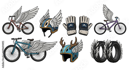 Whimsical Bicycle and Safety Gear with Wings and Antlers Cartoon Set