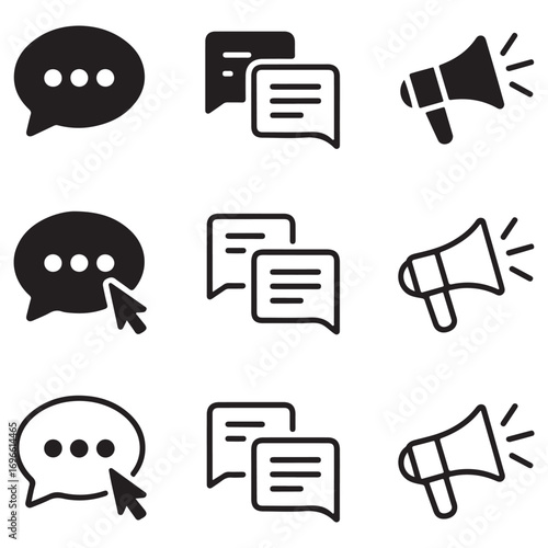 Set of communication and announcement icons in a grid layout speech bubble chat icon