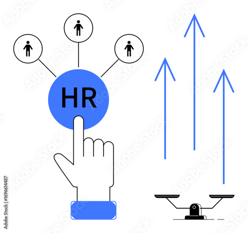 Hand interacting with HR hub linked to people icons, arrows symbolizing growth, scales for balance concepts. Ideal for recruitment, organizational growth, workforce planning, efficiency, equality